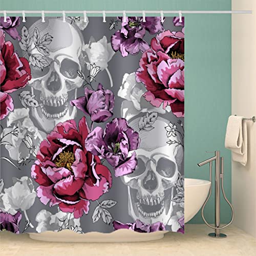 MOXINO Gotisch Schädel Duschvorhang Anti-Schimmel 180x180 cm Polyester Stoff Textil Waschbar Badvorhang 3D Böhmen Blumen Motiv Design Shower Curtain Wasserdicht Badezimmer Vorhänge mit 12 Haken von MOXINO