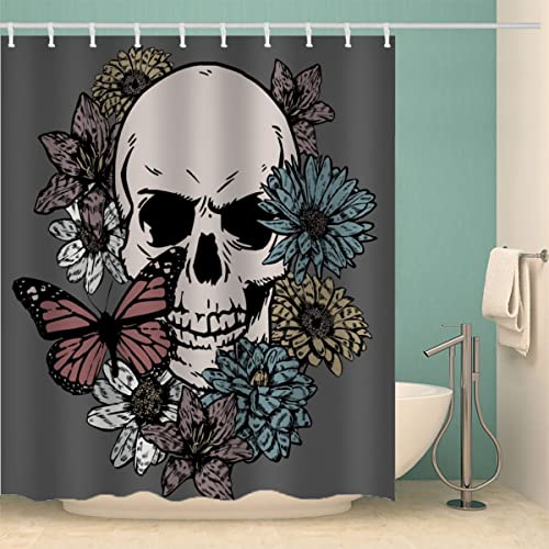 MOXINO Gotisch Schädel Duschvorhang Anti-Schimmel 180x200 cm Polyester Stoff Textil Waschbar Badvorhang Blumen Schmetterlinge Motiv Design Shower Curtain Wasserdicht Badezimmer Vorhänge mit 12 Haken von MOXINO