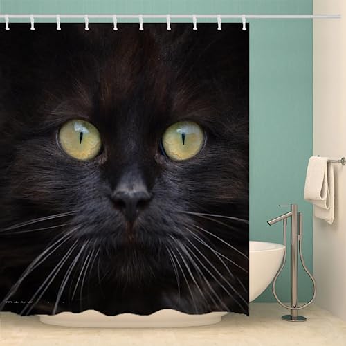 MOXINO Katze Duschvorhang Anti-Schimmel 180x180 cm Polyester Stoff Textil Waschbar Badvorhang 3D Schwarze Katze Motiv Design Shower Curtain Wasserdicht Badezimmer Vorhänge mit 12 Haken von MOXINO