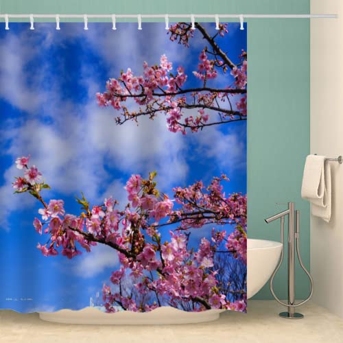 MOXINO Kirschblüten Duschvorhang Anti-Schimmel 240x200 cm Polyester Stoff Textil Waschbar Badvorhang 3D Pinke Blumen Motiv Design Duschvorhänge Wasserdicht Badezimmer Vorhänge mit 12 Haken von MOXINO