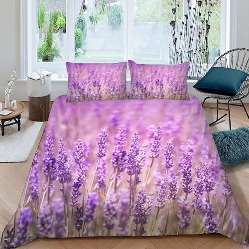 MOXINO Lavendel Bettbezüge für Kinder Jungen Mädchen Einzelbett 3D Lila Blumen Bettwäsche 135x200 cm 2teilig Mikrofaser Bettbezug Sommer Warm Weiche Bettwaren mit Kissenbezüge 80x80 von MOXINO