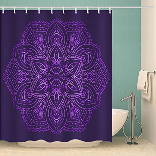 MOXINO Mandala Duschvorhang Anti-Schimmel 240x200 cm Polyester Stoff Textil Waschbar Badvorhang 3D Blumen Boho Lila Motiv Design Duschvorhänge Wasserdicht Badezimmer Vorhänge mit 12 Haken von MOXINO