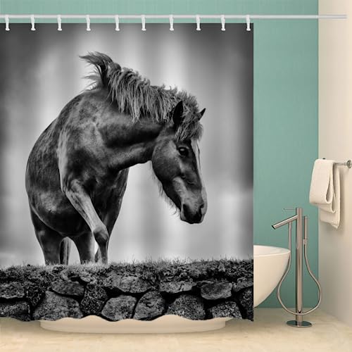 MOXINO Pferd Duschvorhang Anti-Schimmel 180x200 cm Polyester Stoff Textil Waschbar Badvorhang 3D Vintage Pferd Motiv Design Duschvorhänge Wasserdicht Badezimmer Vorhänge mit 12 Haken von MOXINO