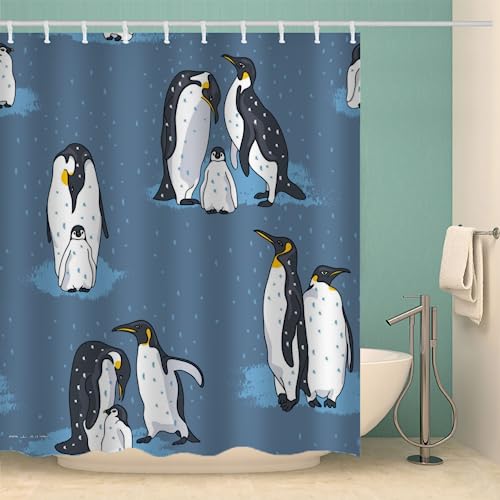 MOXINO Pinguin Duschvorhang Anti-Schimmel 180x180 cm Polyester Stoff Textil Waschbar Badewanne Badvorhang 3D Winter Thema Shower Curtain Wasserdicht Badezimmer Vorhänge mit 12 Haken von MOXINO