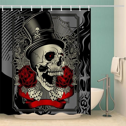 MOXINO Schädel Duschvorhang Anti-Schimmel 180x200 cm Polyester Stoff Textil Waschbar Badvorhang 3D Gothic Totenkopf Motiv Design Duschvorhänge Wasserdicht Badezimmer Vorhänge mit 12 Haken von MOXINO