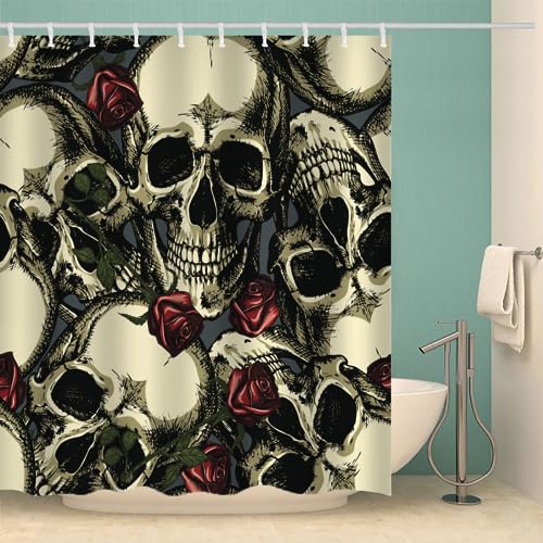 MOXINO Schädel Duschvorhang Anti-Schimmel 180x200 cm Polyester Stoff Textil Waschbar Badvorhang 3D Gothic Totenkopf Motiv Design Shower Curtain Wasserdicht Badezimmer Vorhänge mit 12 Haken von MOXINO