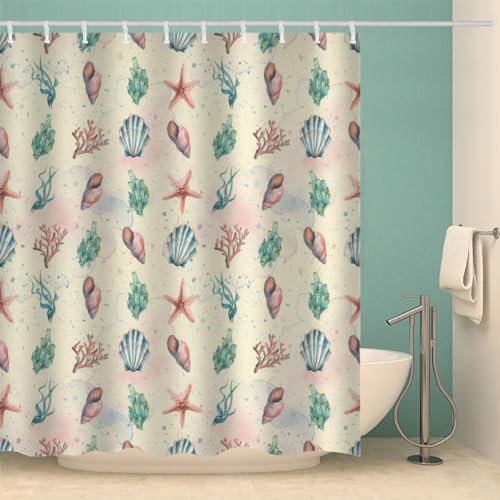 MOXINO Seestern Duschvorhang Anti-Schimmel 180x180 cm Polyester Stoff Textil Waschbar Badvorhang 3D Seestern Muschel Motiv Design Duschvorhänge Wasserdicht Badezimmer Vorhänge mit 12 Haken von MOXINO