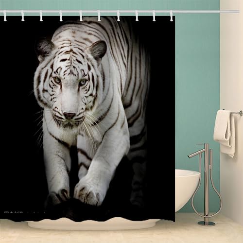 MOXINO Tiger Duschvorhang Anti-Schimmel 180x180 cm Polyester Stoff Textil Waschbar Badvorhang 3D Tier Tiger Motiv Design Shower Curtain Wasserdicht Badezimmer Vorhänge mit 12 Haken von MOXINO