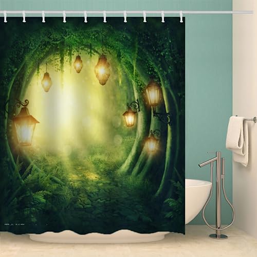 MOXINO Wald Duschvorhang Anti-Schimmel 240x200 cm Polyester Stoff Textil Waschbar Badvorhang 3D Grüner Baum Motiv Design Duschvorhänge Wasserdicht Badezimmer Vorhänge mit 12 Haken von MOXINO