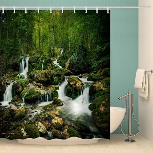 MOXINO Wasserfall Duschvorhang Anti-Schimmel 180x200 cm Polyester Stoff Textil Waschbar Badewanne Badvorhang 3D Sommer Wald Shower Curtain Wasserdicht Badezimmer Vorhänge mit 12 Haken von MOXINO