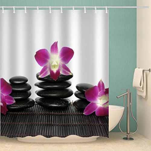 MOXINO Zen Duschvorhang Anti-Schimmel 120x180 cm Polyester Stoff Textil Waschbar Badewanne Badvorhang 3D Steine Blumen Shower Curtain Wasserdicht Badezimmer Vorhänge mit 12 Haken von MOXINO