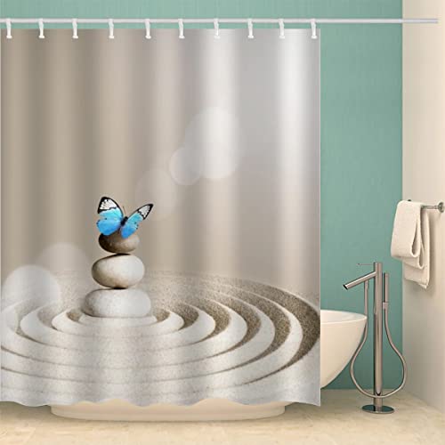 MOXINO Zen Duschvorhang Anti-Schimmel 120x180 cm Polyester Stoff Textil Waschbar Badvorhang 3D Stein Schmetterling Motiv Design Duschvorhänge Wasserdicht Badezimmer Vorhänge mit 12 Haken von MOXINO