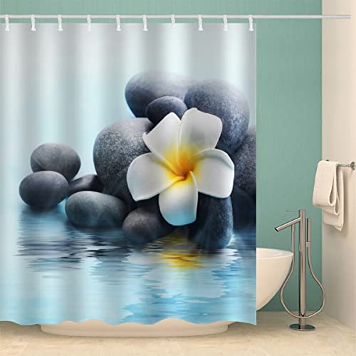 MOXINO Zen Duschvorhang Anti-Schimmel 180x200 cm Polyester Stoff Textil Waschbar Badvorhang 3D Steine Blumen Motiv Design Duschvorhänge Wasserdicht Badezimmer Vorhänge mit 12 Haken von MOXINO