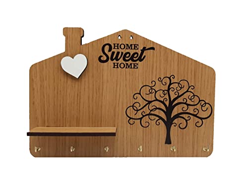 Schlüsselbrett aus MDF-Holz, mit der Aufschrift "Home Sweet Home", graviertem Baum des Lebens und geprägtem Herzen, mit Ablage, 6 Haken, Farbe: Holz. Tolle Geschenkidee von Fitwish