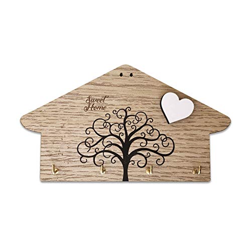 Schlüsselbrett aus MDF-Holz, mit eingraviertem Text "Sweet Home" und Baum des Lebens bedruckt, mit weißem Herz geprägt, 4 Haken, Holzfarbe, Geschenkidee (Holz 4 Haken) von Fitwish