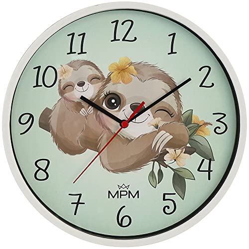 MPM Quality Design Kinder Wanduhr aus Kunststoff, Made in EU, Weiß/Grün, Motiv Faultier, Quarz-Uhrwerk, Moderne Wanddeko, Runde Kinder Uhr, ∅ 250 x 20 mm, für Kinderzimmer, Kindergarten, die Schule von MPM Quality