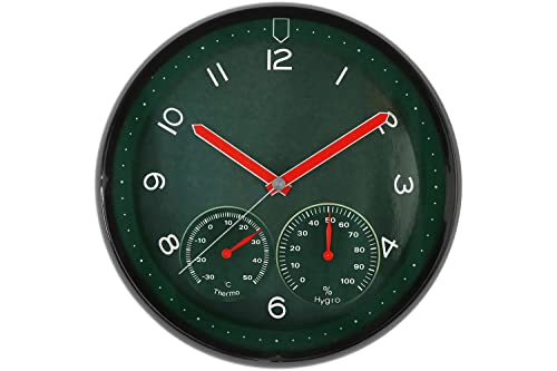 MPM Quality Design Kunststoff-Wanduhr, Grün, Quarz-Schrittmotor, Hygrometer, Thermometer, Temperatur- und Luftfeuchtigkeitsanzeige, Originelles Zifferblatt, E01.3084.40, ∅ 314 x 45 mm von MPM Quality