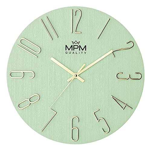 MPM Quality Design Wanduhr, Grün/Gold, Datum-Anzeige, 3D Ziffern, präzises Quarz-Uhrwerk, ∅ 305 mm, Moderne Wand-Deko für Wohnzimmer, Schlafzimmer oder Büro von MPM Quality
