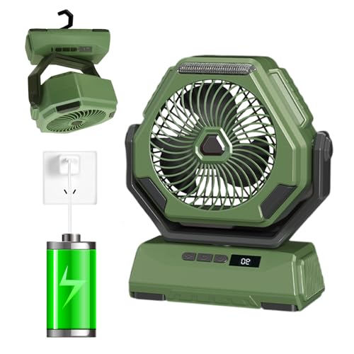 MQFORU Camping Ventilator 10000mAh, 90° Oszillierender, Wiederaufladbarer, Tischventilator mit LED-Licht, USB-Kühlventilator mit Aufhängehaken für Reisen, Angeln von MQFORU