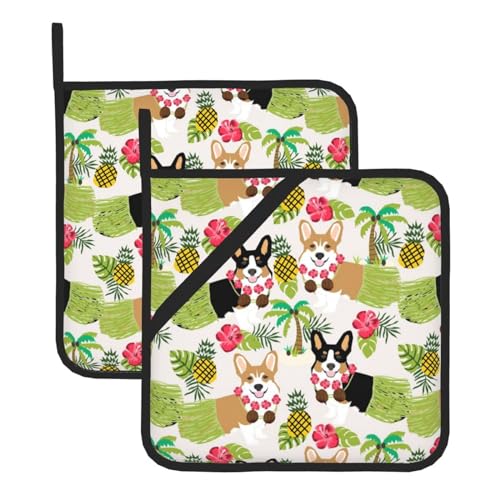 MQGMZ Topflappen für Erwachsene, Motiv: tropische Blumen und Corgi, Frühjahr/Sommer, 20,3 x 20,3 cm, 2 Stück, Grill-Geschenke, Männer und Frauen, MC700 von MQGMZ