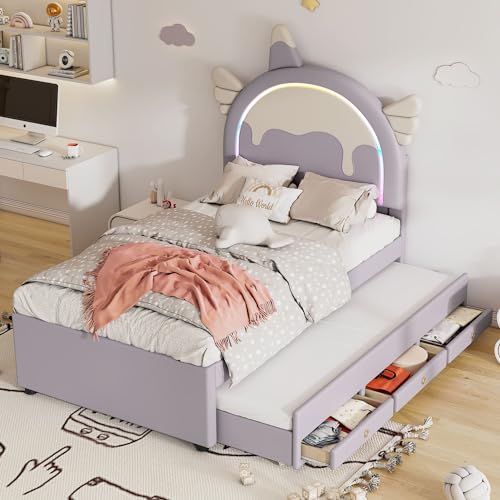 MQGPM Kinderbett 90x200 Polsterbett mit LED, Einzelbett Bettgestell mit Lattenrost und Cartoon Kopfteil, Stauraumbett Boxspringbett mit 3 Schubladen für Kinderzimmer, PU, Violett von MQGPM