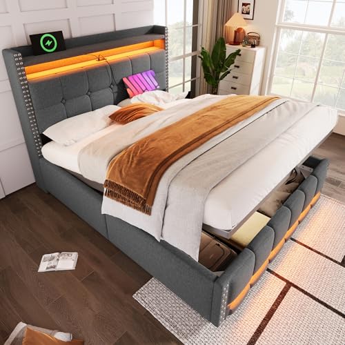 MQLAE Erwachsenenbett Doppelt 160 * 200cm, Polsterbett mit LED-Beleuchtung und USB-Steckdose, Kopfteil mit Einlegeböden und Stauraum, Funktionsbett Mit Hydraulik für die Lagerung, Leinenstoff Grau MQLAE Erwachsenenbett Doppelt 160 * 200cm, Polsterbett mit LED-Beleuchtung und USB-Steckdose, Kopfteil mit Einlegeböden und Stauraum, Funktionsbett Mit Hydraulik für die Lagerung, Leinenstoff Grau von MQLAE