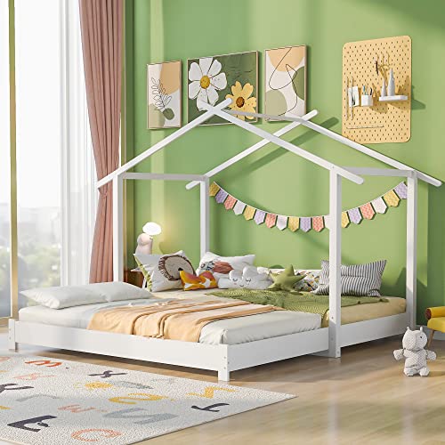MQLAE Hausbett 90/180 x 190cm Holz Kinderbett für Jungen & Mädchen Massivholz Kinder Bett umbaubar Bodenbett mit Lattenrost, Einzelbett Umwandelbar in Doppelbett, Weiß MQLAE Hausbett 90/180 x 190cm Holz Kinderbett für Jungen & Mädchen Massivholz Kinder Bett umbaubar Bodenbett mit Lattenrost, Einzelbett Umwandelbar in Doppelbett, Weiß von MQLAE