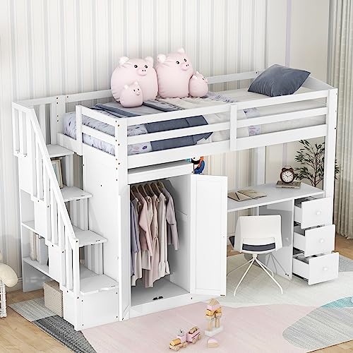 MQLAE Hochbett mit Kleiderschrank und Treppe, Schreibtisch und Schubladen und Schrank in einem, Multifunktionales Kinderbett, Jugendbett, Einzelbett 90x200cm, ohne Matratze, Weiß von MQLAE