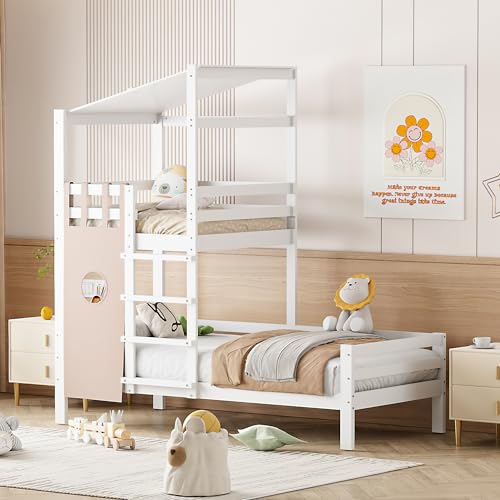 MQLAE Kinderbett 90x200, Hochbett für Kinder, Etagenbett mit Dach, Das obere Bett kann als Lese- und Freizeitbereich genutzt Werden, Massivholzbett, mit Lattenrost, Ohne Matratze (Weiß) von MQLAE