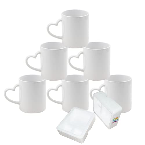 MR.R Sublimationsrohlinge, spülmaschinengeeignet, weiße Keramik-Kaffeetassen, 11 Unzen, leere Keramik, klassischer Trinkbecher mit Herzgriff, für Milch, Tee, Cola, Wasser, 6er-Set von MR.R
