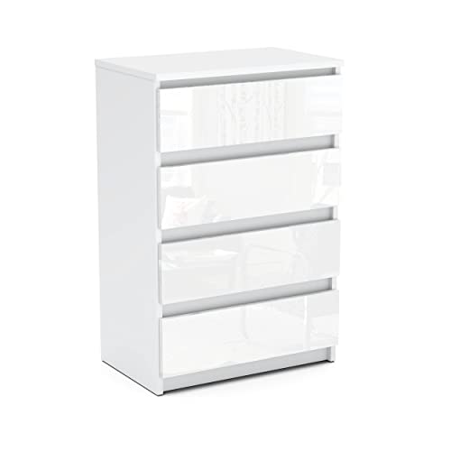 MRBLS Kommode mit 4 Schubladen Sideboard Schubladenschrank Kleiderschrank Modern Möbel mit Schubladen für Ihr Schlafzimmer (Weiß Matt - Weiß Glanz) – 60 x 92,5 x 33,5 cm (B/H/T) von MRBLS_HOME