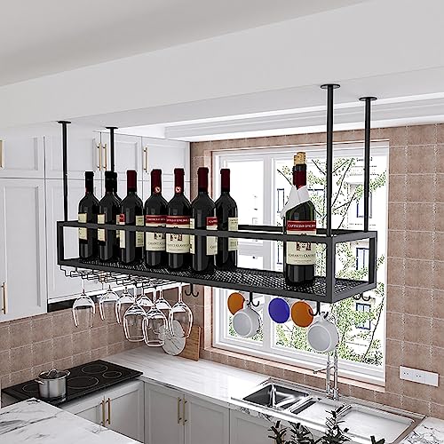 MRLILIN Decken-Weinregal mit hängendem Glashalter, Wandmontage, Aufbewahrungsflaschenhalter aus Metall, Weinregal, Regale für Bars, Küche, Stielglas-Regal, Organizer-Aufhänger, verstellbare Höhe von MRLILIN