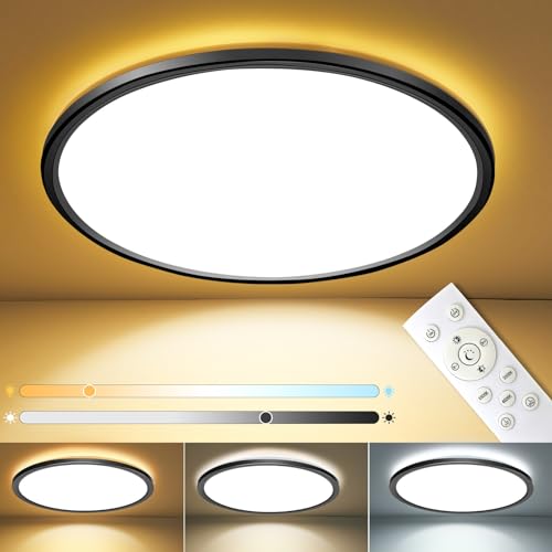 MROOYI 24W LED Deckenleuchte Flach Dimmbar, 3000LM Ø30cm Deckenlampe Ultraflach mit Fernbedienung, Lampe Decke mit Warmweiß Kaltweiss für Wohnzimmer Schlafzimmer Badezimmer Küche (Schwarz, 1 Stück) von MROOYI