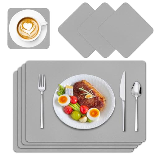 MRVNN Tischset Leder 4er Set 45x30cm, Tischsets Abwaschbar, Platzsets Grau Enthält Vier Platzset und Vier Untersetzer, Hitzebeständig und rutschfest Für Küchentische geeignet von MRVNN