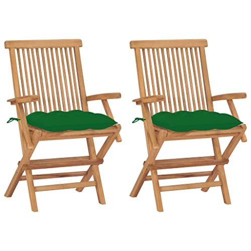 MSLAONXC Gartenstühle mit Grünen Kissen 2 STK.,Terrassenstuhl,Sessel,Balkonsessel,Freizeitstuhl,Camping Stühle,Stühle für die Terrasse,Outdoor-Möbel,Party-Stühle,für Garten,Rasen,Pool,Massivholz Teak von MSLAONXC