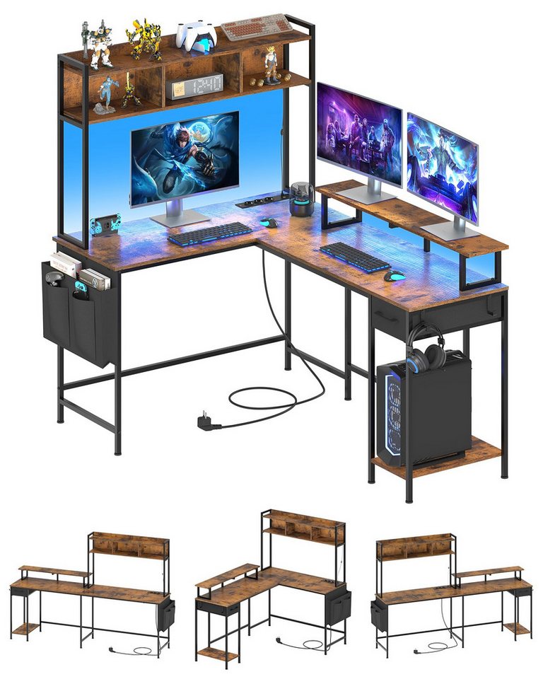 MSMASK Computertisch L-förmiger Eckschreibtisch mit Bücherregal und Monitorständer, Reversibel Schreibtisch, Gaming Tisch mit 2 LED und Steckdose von MSMASK