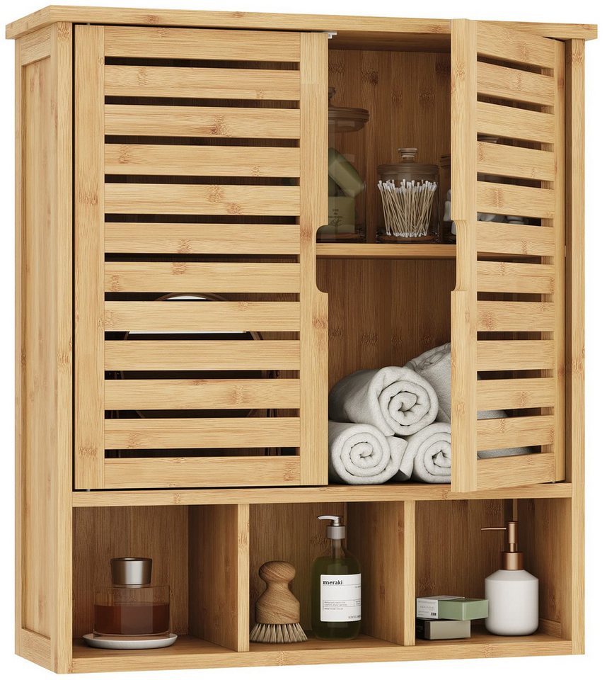 MSMASK Wandhängeschrank Hölzerner Badezimmer-/Flur-/Küchenschrank mit verstellbaren Regalen, 3 verstellbare Höhen Stauraum, 59x21x67 cm, mit zwei Türen von MSMASK