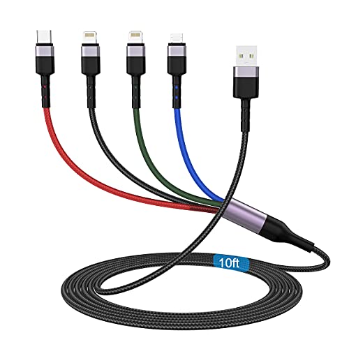 4-in-1-USB-Ladekabel, Lightning2 + Typ C + Micro-USB, lang, Nylon, geflochten, für Handy/Android/Apple/iOS/Samsung/LG/Huawei/XiaoMi von MTAKYI