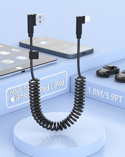 Lightning Spiral kabel, Apple Carplay Kabel mit Datensynchronisation, 90 Grad iPhone kabel kurz für iPhone/Pad/Pod, [Apple MFi-zertifiziert] Kurz iPhone Ladekabel für Das Auto von MTAKYI