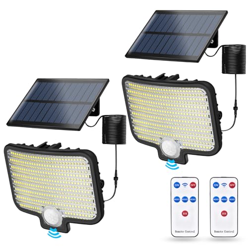 MUEZDUR Solarlampen für außen, (2 Stück) 231LED Solarleuchte mit Bewegungsmelder und Fernbedienung, 4 Modi, 200°Beleuchtungswinkel, IP65 Wasserdicht Solar Wandleuchte mit 5M Kabel von MUEZDUR