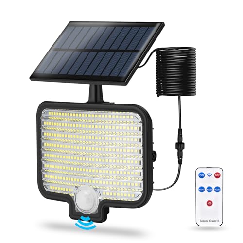 Solarlampen für außen, 231LED Solarleuchte mit Bewegungsmelder und Fernbedienung, 4 Modi, 200°Beleuchtungswinkel, IP65 Wasserdicht, zwei Installationsmöglichkeiten Solar Wandleuchte mit 5M Kabel von MUEZDUR