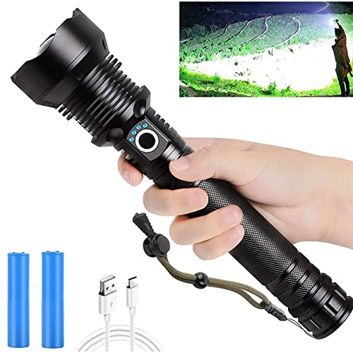 90000 Lumen XHP90.2 LED Taktische Taschenlampe, 3 Modi USB Zoom Wasserdichte Camping Taschenlampe für Outdoor Jagd Notfall Militär Polizei Survival.(Mit 2 x26650 Akku) von MUGUOY