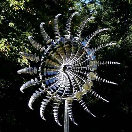 MUNCHIN Einzigartige Metall Windmühle, 3D Windbetriebene Kinetische Skulptur, Gartenstecker Windspiel, für Terrasse Rasen und Garten Dekoration,Silver von MUNCHIN