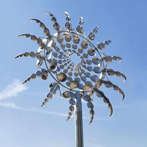 MUNCHIN Einzigartige und magische Metall Windmühle, 3D Windbetriebene Kinetische Windrad Garten Metall, Rostfrei Gartenstecker Windspiel, für Terrasse Rasen und Garten Dekoration,Silver von MUNCHIN