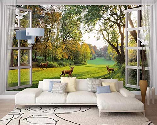 Fototapete 3D Effekt Aus dem Fenster Landschaft Wald Fluss Reh Taube Hintergrundwand Tapete Vliestapete Wandbilder Wanddeko (300cmx220cm) von MUNXIN WALLPAPER