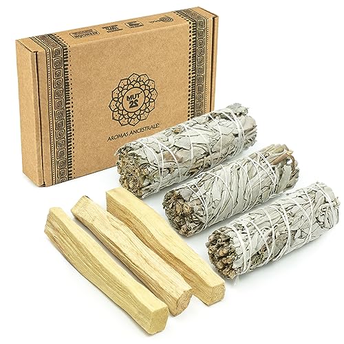 MUT22 3 Weißer Salbei und 3 Palo Santo Premium Kalifornischer, 100% natürlich und reinigend, ideal für spirituelle und energetische Rituale (3 Weißer Salbei + 3 Palo Santo) von MUT22