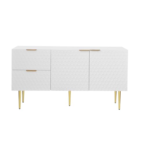 Elegantes Weißes Sideboard mit Speziellen Mustern, Zwei Türen, Zwei Schubladen, Goldenen Griffen und Füßen,Stilvoll und Funktional (135 x 40 x 75 cm (L x B x H)) von MUZHIXIANG