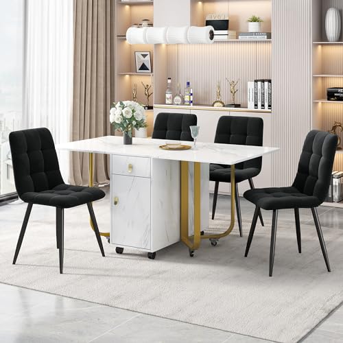 MUZHIXIANG Essgruppe 150×80×76cm Esstisch mit 4 Stühlen, Klappbarer Küchentisch Set, MDF Tischplatte in Weiß, Samt Esszimmerstühle mit Polsterung und Rückenlehne (Gold+Schwarz) von MUZHIXIANG