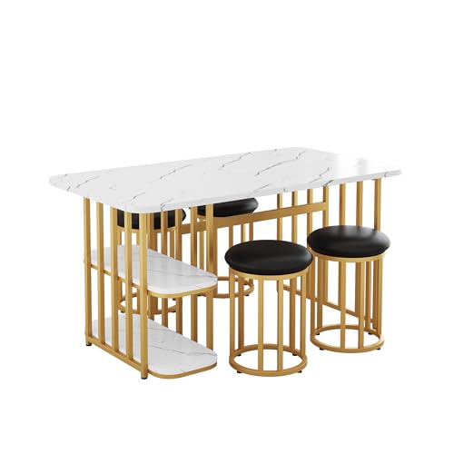 MUZHIXIANG Esstisch-Set (mit Esstisch, 4 Stühlen), Küchentisch-Set mit Stahlgestell, Esstisch mit Stauraum,140 * 80 * 75cm moderner Esstisch, rechteckiger Esstisch, Esszimmerstühle (Weiß und Gold) von MUZHIXIANG
