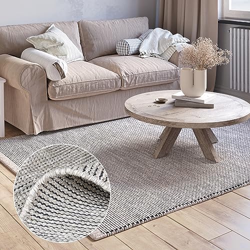 MY-RUG Wollteppich Natur 150 x 80 cm, Roshni, Creme, grau, beige, handgewebt, Naturprodukt, Teppich flach gewebt aus Wolle von MY-RUG